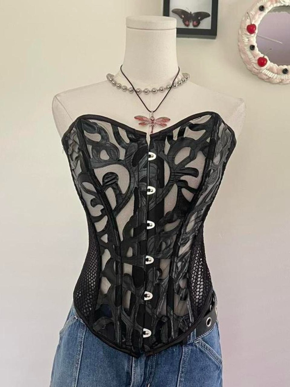 Black Mesh Cutout Corset Top - Strapless Women’s Bustier